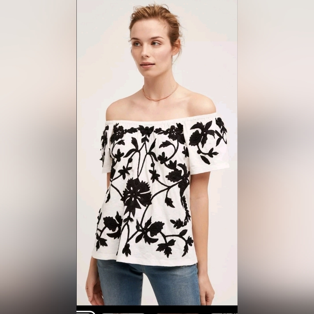 Anthropologie Akemi Kin Tropea Off Shoulder Cotton Embroidered Top Sz S